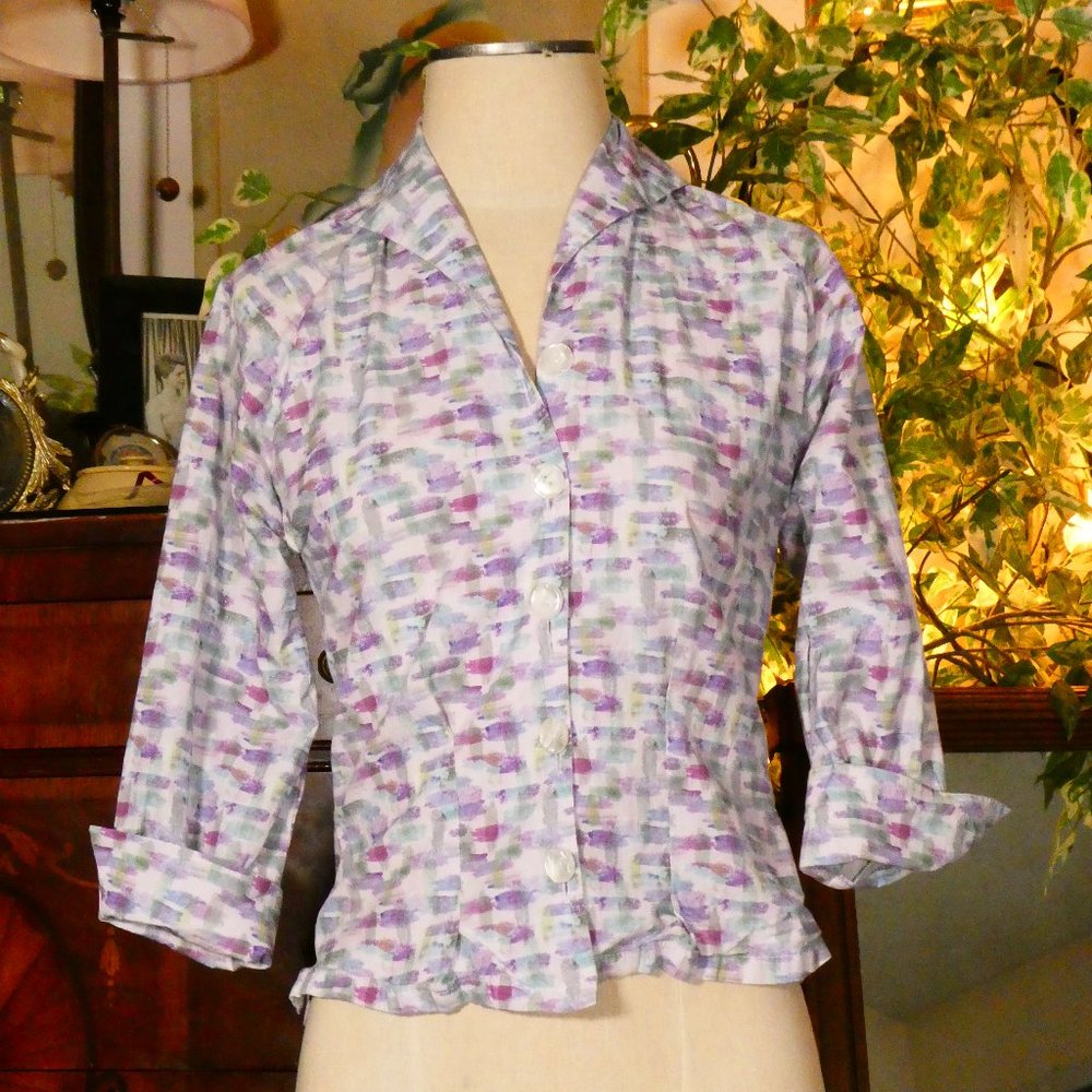 Vivien of Holloway 1950's Style Purple Watercolor Print Raglan Top Sz 10 - Picture 7 of 12